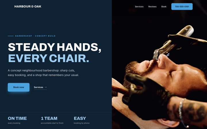 Harbour & Oak Barbers — website design by Jobaki